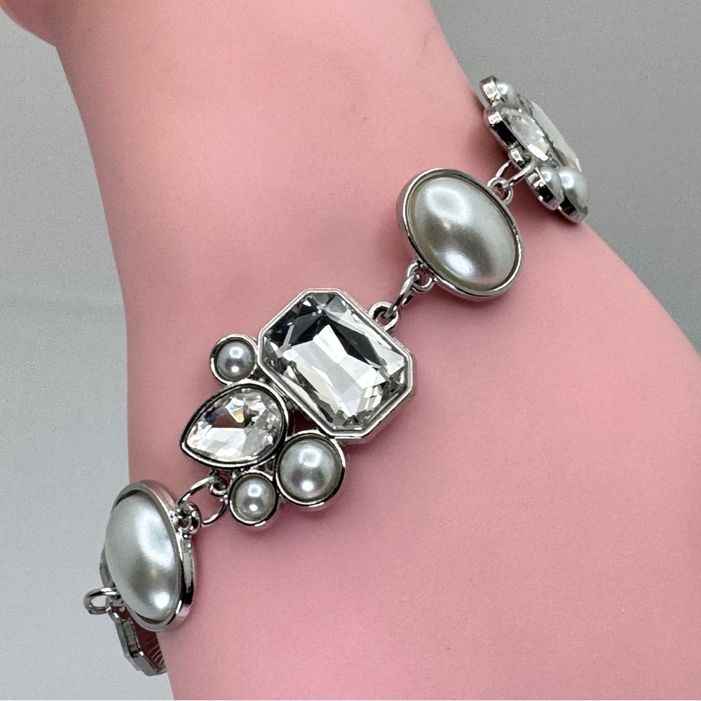 Silver Tone Crystal & Faux Pearl Bracelet White Statement Glam Sparkly Evening